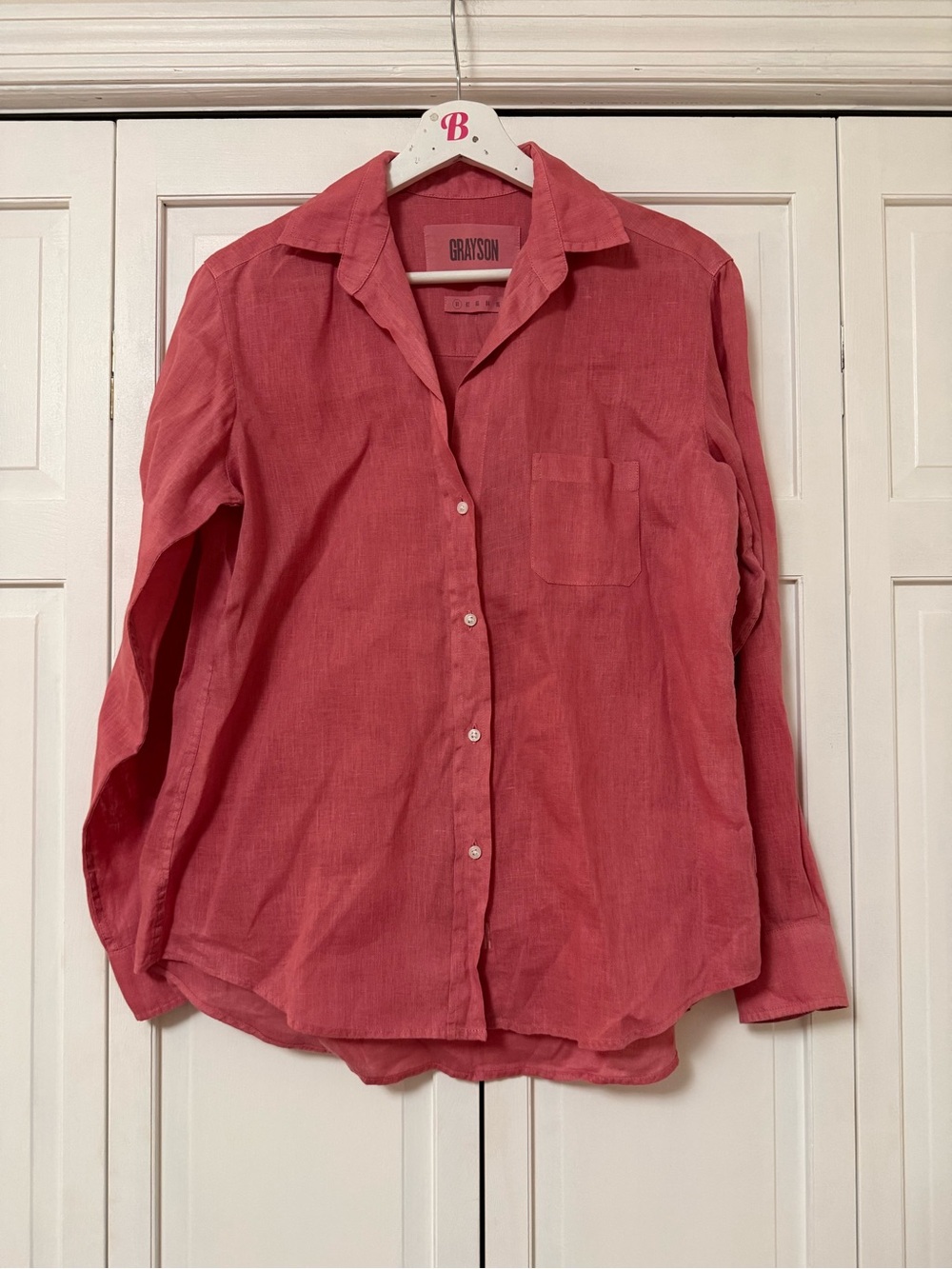 Grayson Women’s Casual Long Sleeve Button-Up Shirt in Coral Pink 100% Linen XS